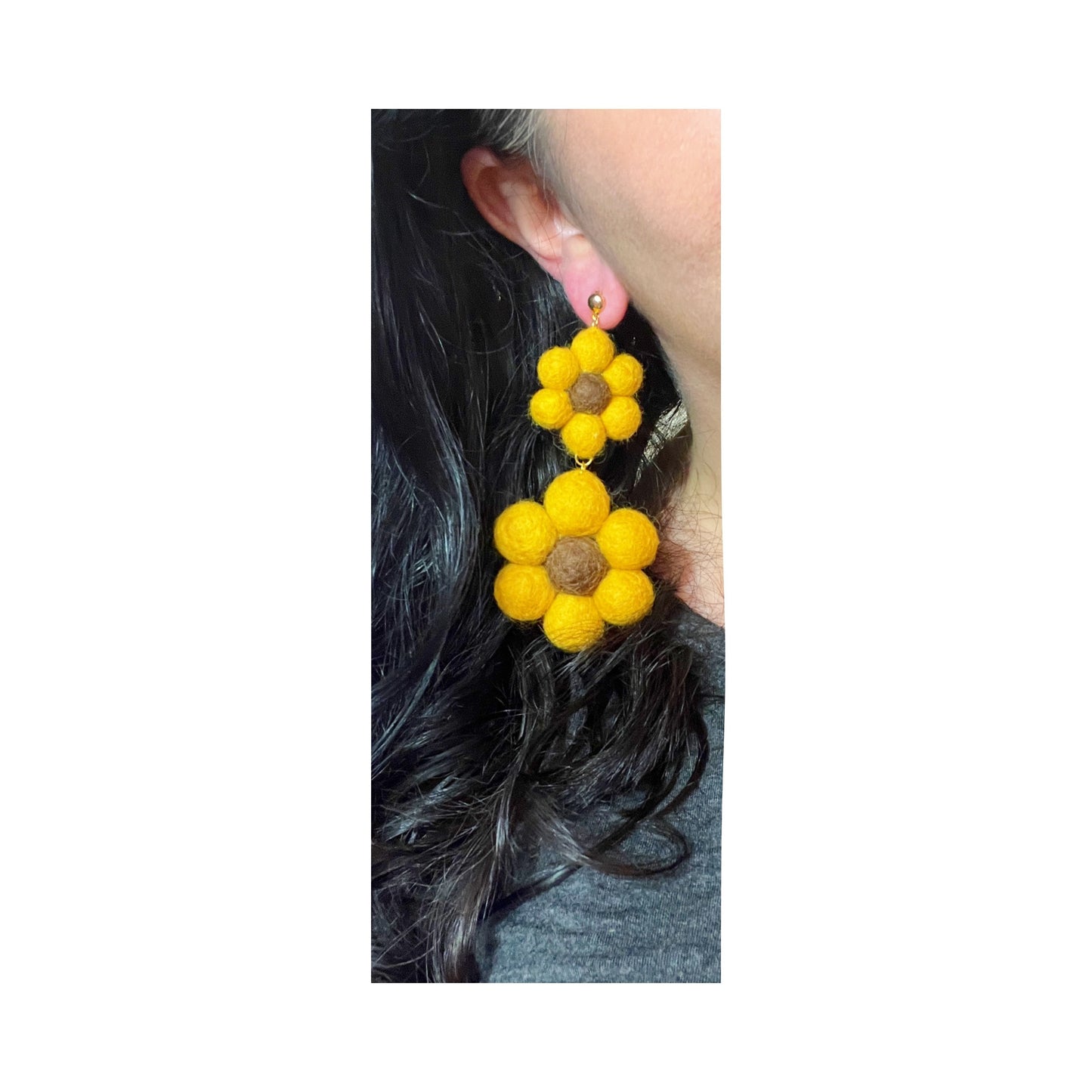 Large Double Sunflower Wool Felt Drop Earrings